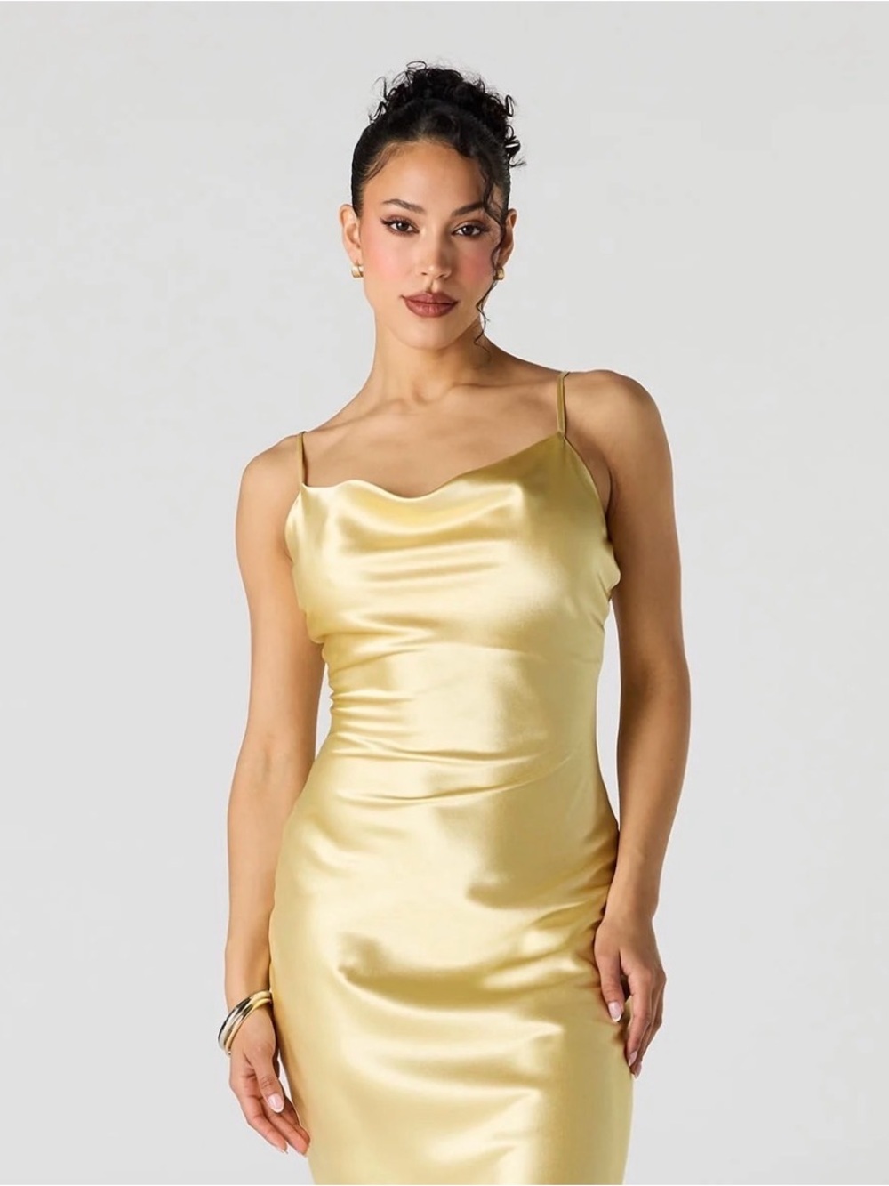 Bardot Satin Cowl Neck Slip Dress in Golden Yellow